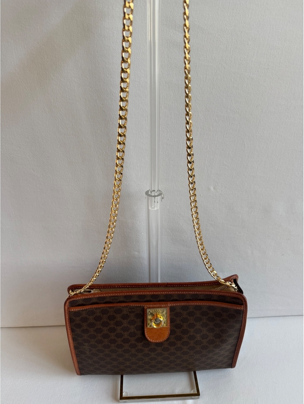 Authentic Celine Macadam Chain Clutch Shoulder Bag Brown PVC Leather Italy COA